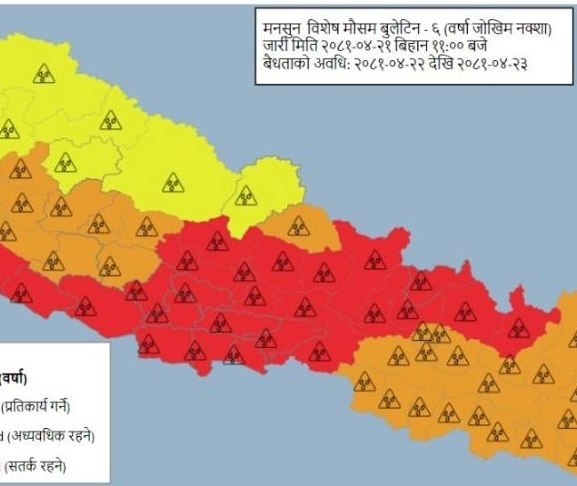 मंगलबारबाट मनसुन पुन: सक्रिय, ३५ जिल्ला ‘रेड जोन’मा