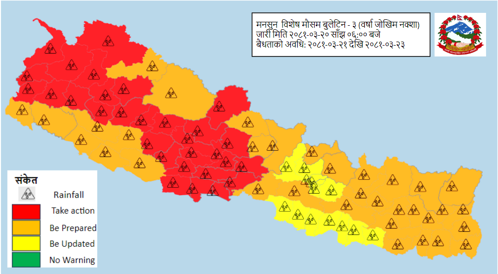 अझै तीन दिन मनसुन सक्रिय रहने, ३० जिल्ला उच्च जोखिममा 