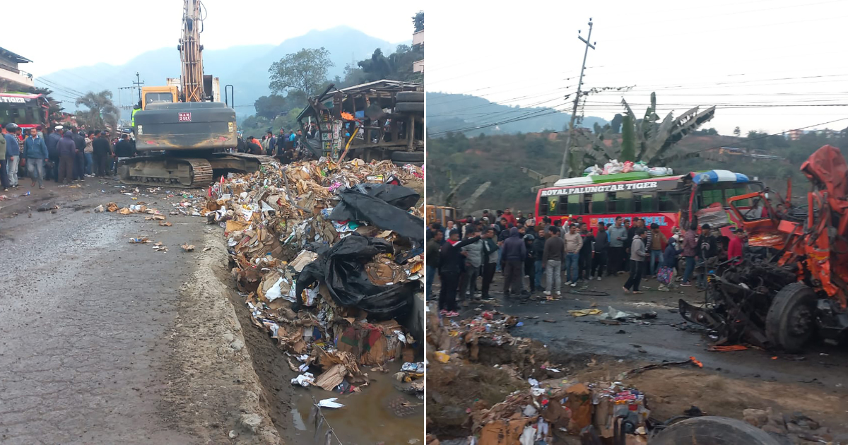 धादिङको धुनिबेसीमा एकै ठाउँमा सात सवारी ठोक्किए