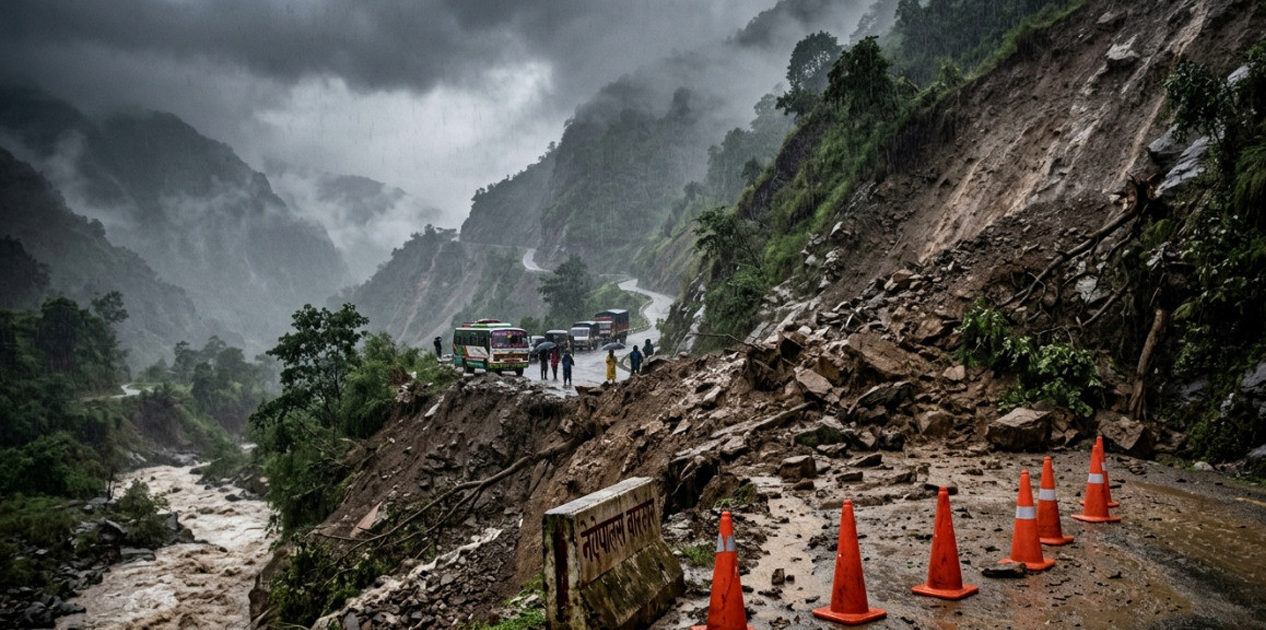 अविरल वर्षा र पहिरोले देशका मुख्य राजमार्ग अवरुद्ध, ५६ स्थानमा उच्च सतर्कता