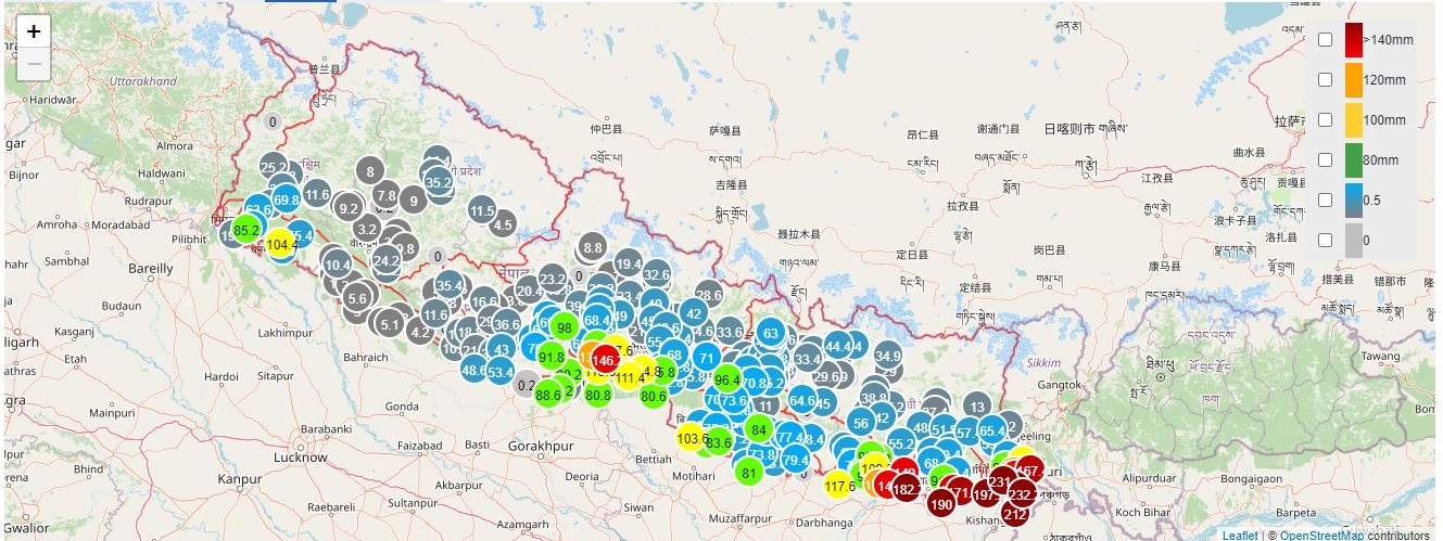 मापन केन्द्र रहेका देशका १४ स्थानमा अत्यधिक वर्षा