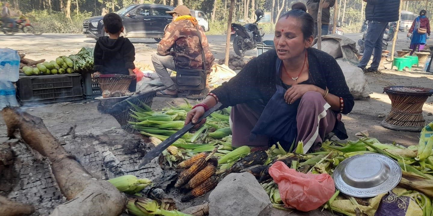 राजमार्ग छेउमा मकै पोलेरै जीविका